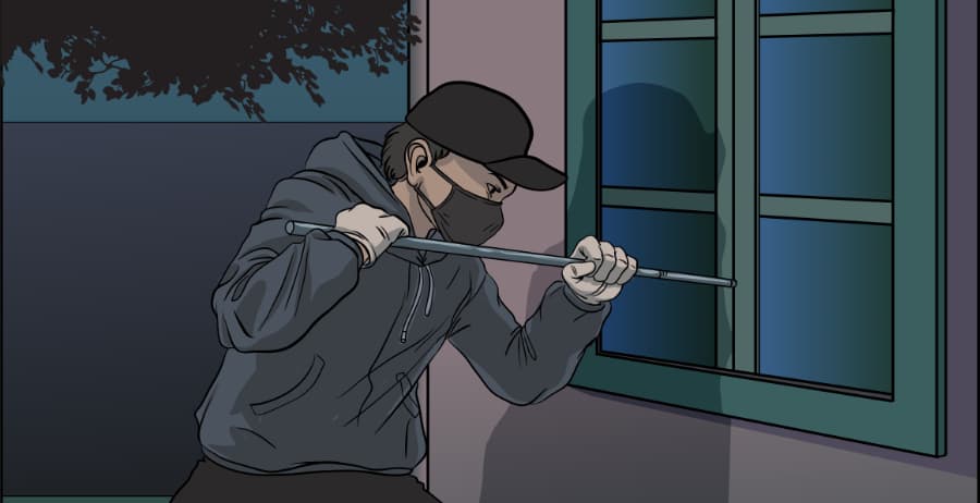 Illustration of burglar forcing entry through a window in Tulsa